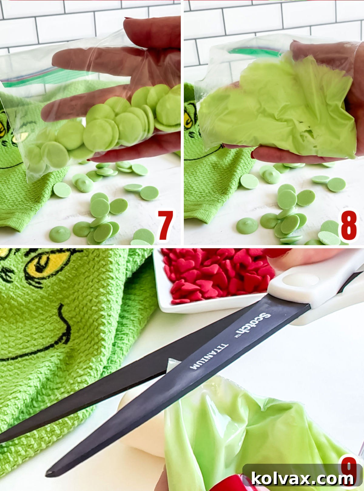 Collage image showing the process of melting bright green candy melts in a plastic bag and preparing it for drizzling on Grinch Marshmallow Pops.