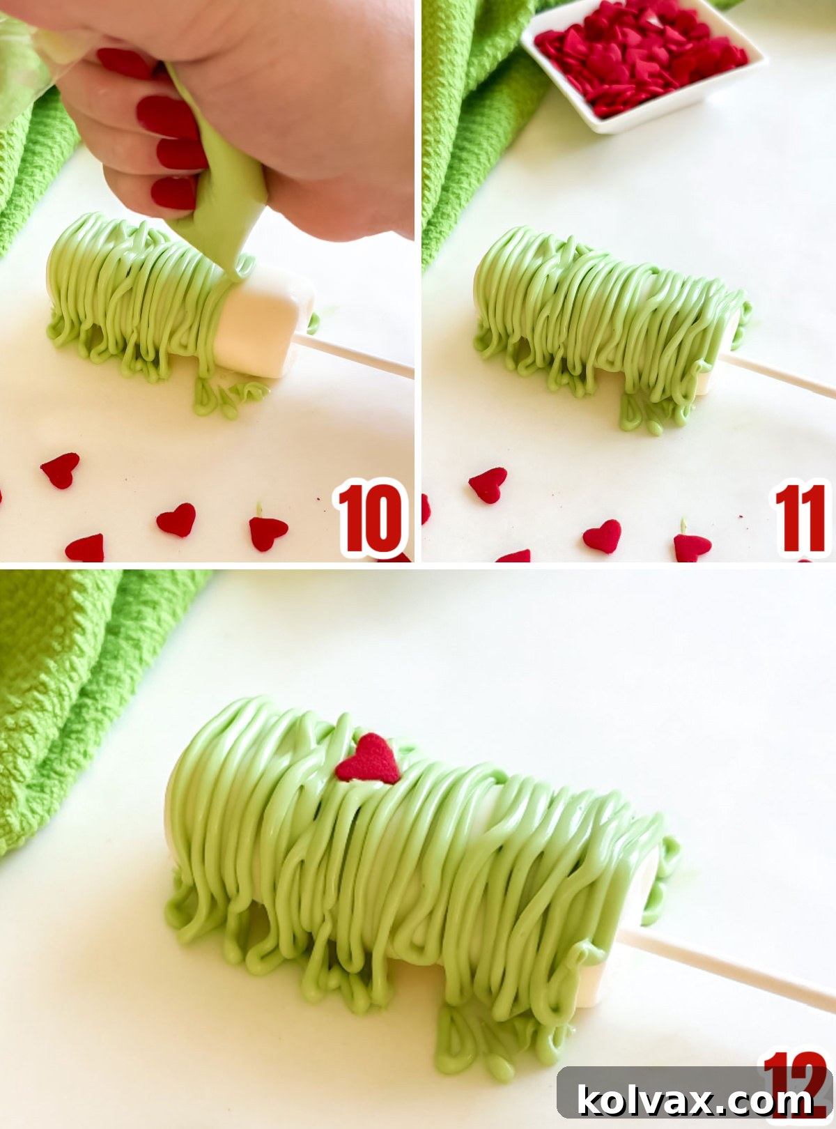Collage image detailing the final steps for decorating Grinch Marshmallow Pops, including green drizzle application and adding the heart sprinkle.
