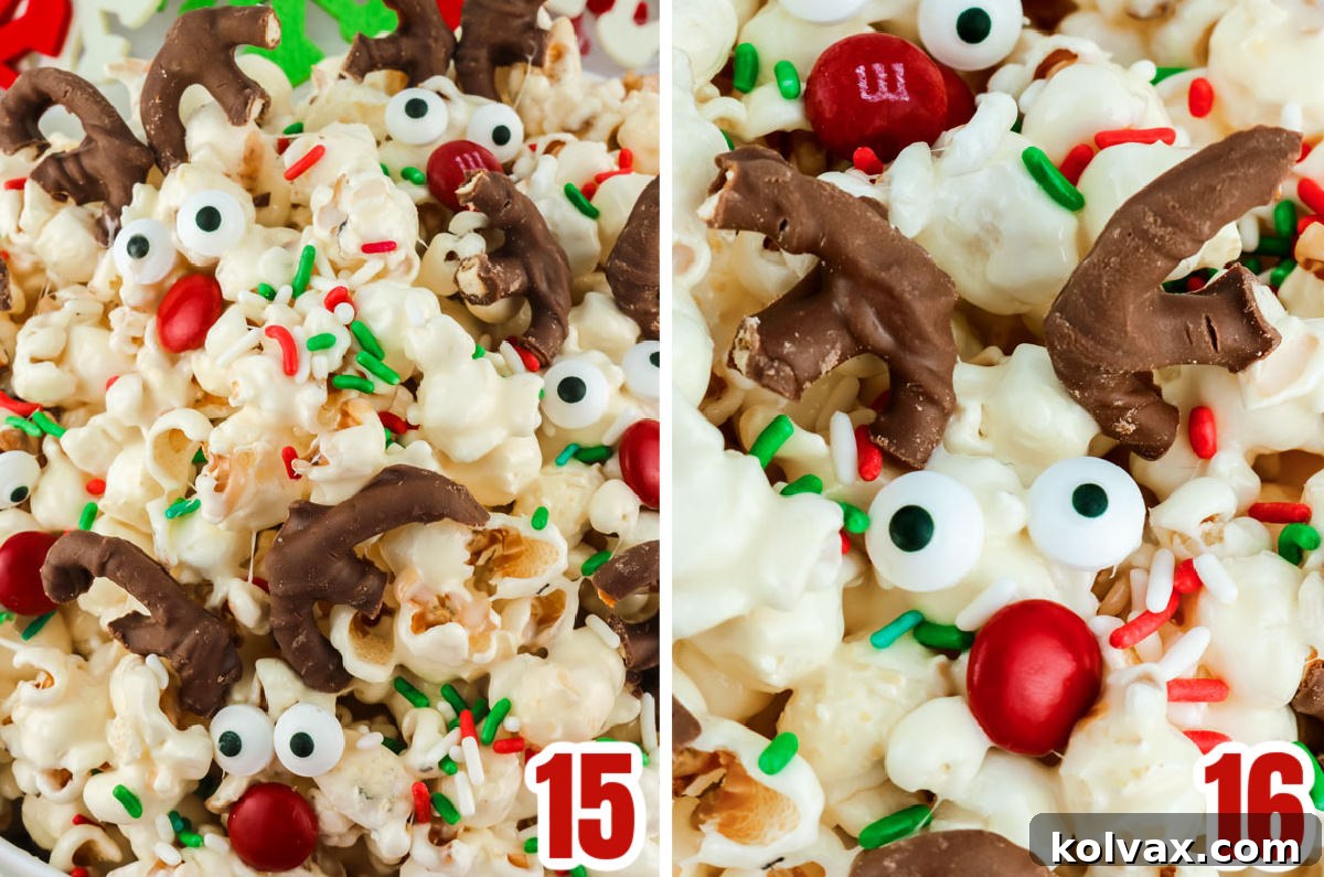 A collage demonstrating how to place candy eyes, red M&M noses, and pretzel antlers onto the marshmallow-coated popcorn to create reindeer faces.