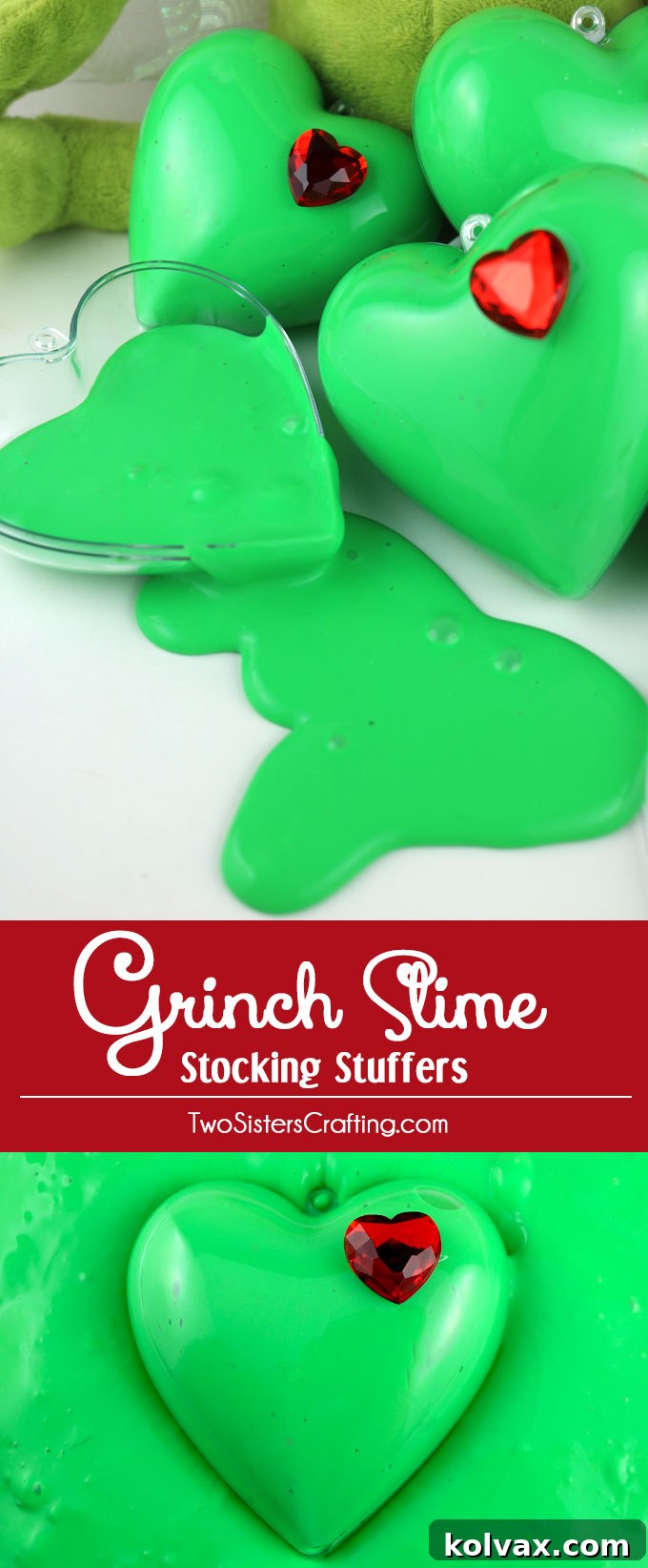 Our Grinch Slime - fun and colorful homemade GAK that would be great as a Christmas Stocking Stuffer or a Holiday Party Favor. We have step by step directions on how to make this easy to make DIY Christmas Craft. The kids will love playing with this ooey, gooey Holiday sensory activity. Follow us for more fun Christmas DIY Gifts.