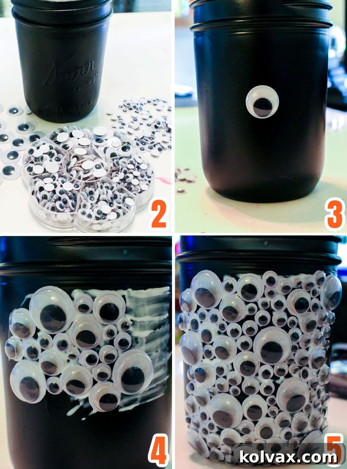 A four-panel collage demonstrating the process of adhering googly eyes to a black-painted Mason jar, creating a Spooky Eyes effect.