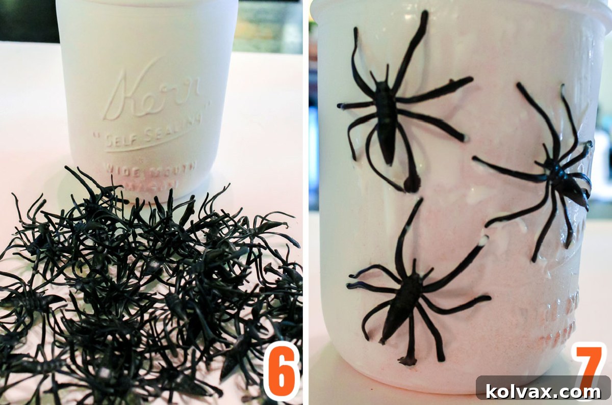 A two-panel collage illustrating the steps to attach plastic spiders to a white-painted Mason jar for a Spooky Spider effect.