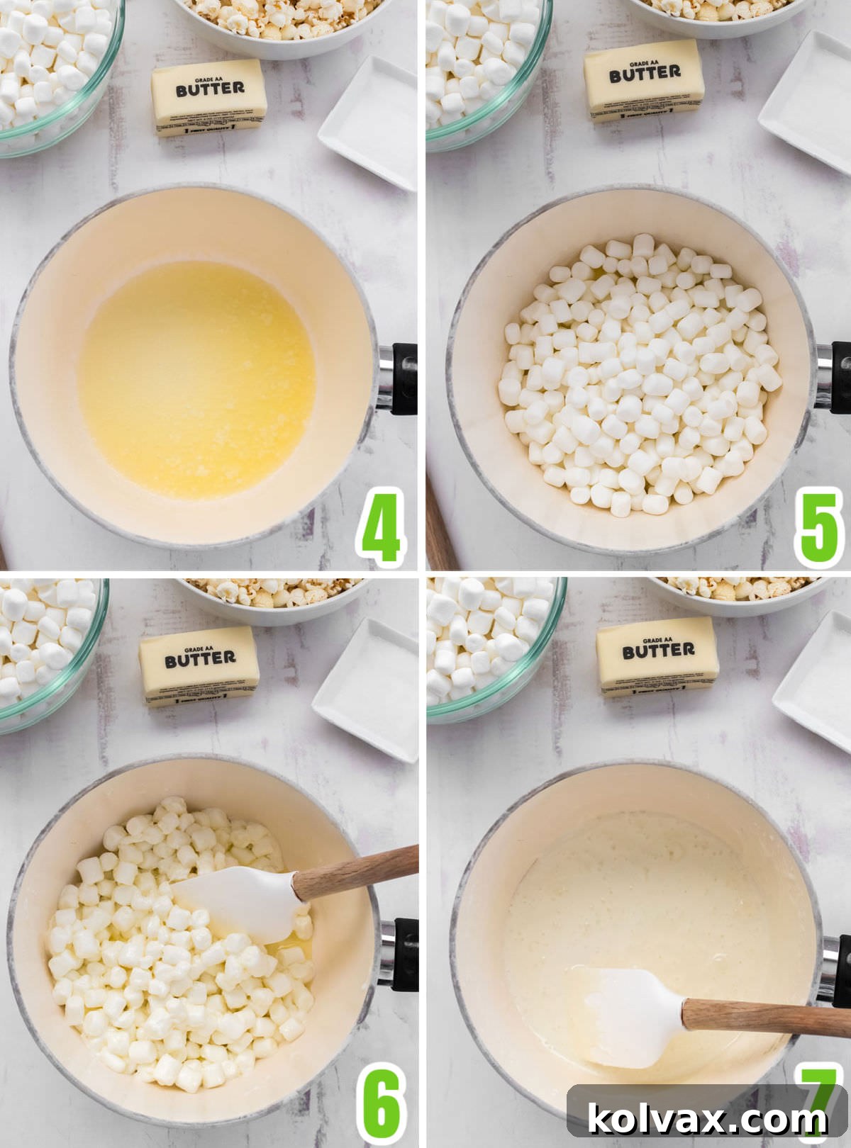 Collage image showing how to make the gooey Marshmallow mixture for Bewitched Halloween Popcorn.