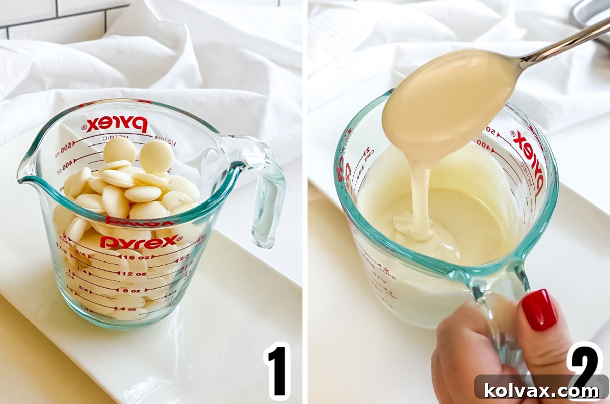 A collage image demonstrating the initial steps for making Mummy Marshmallow Pops, focusing on melting the white chocolate candy melts in a microwave.