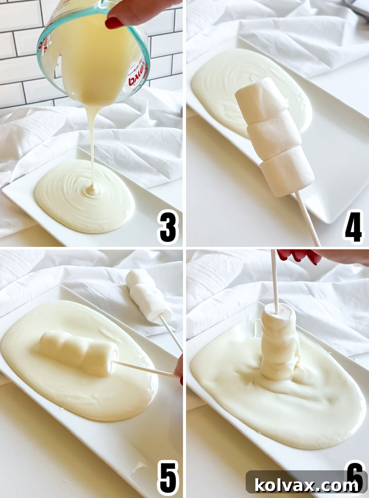 A collage image showing the process of skewering marshmallows onto a stick and then coating them in melted white chocolate to form the base of the Mummy Marshmallow Pops.