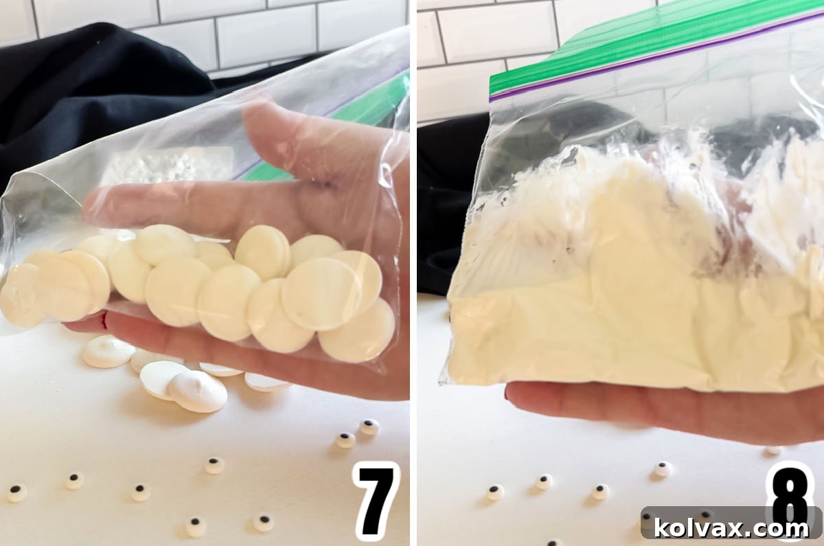 Collage image demonstrating how to melt a small portion of white chocolate candy melts in a plastic bag, preparing it for drizzling to create mummy bandages.