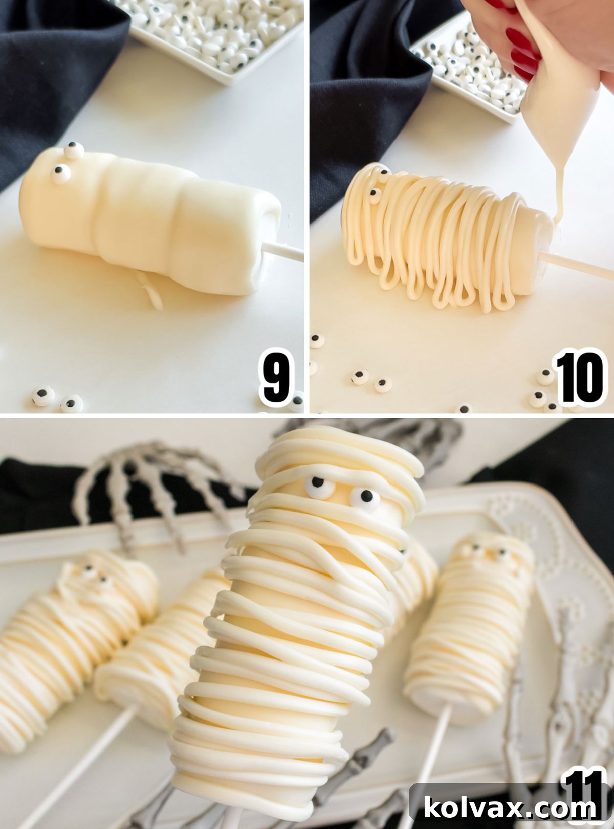 Collage image showcasing the steps for decorating Mummy Marshmallow Pops by adding candy eyes and then drizzling white chocolate over them to create the iconic mummy bandage effect.