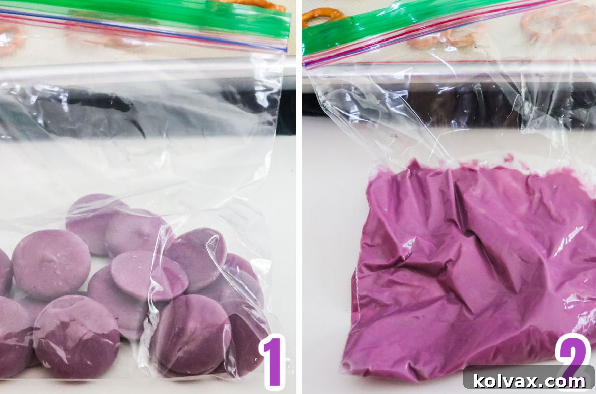 A four-panel collage showing the step-by-step process of melting colorful candy melts in a sandwich bag in the microwave, demonstrating the ease of preparation for Monster Pretzel Bites.