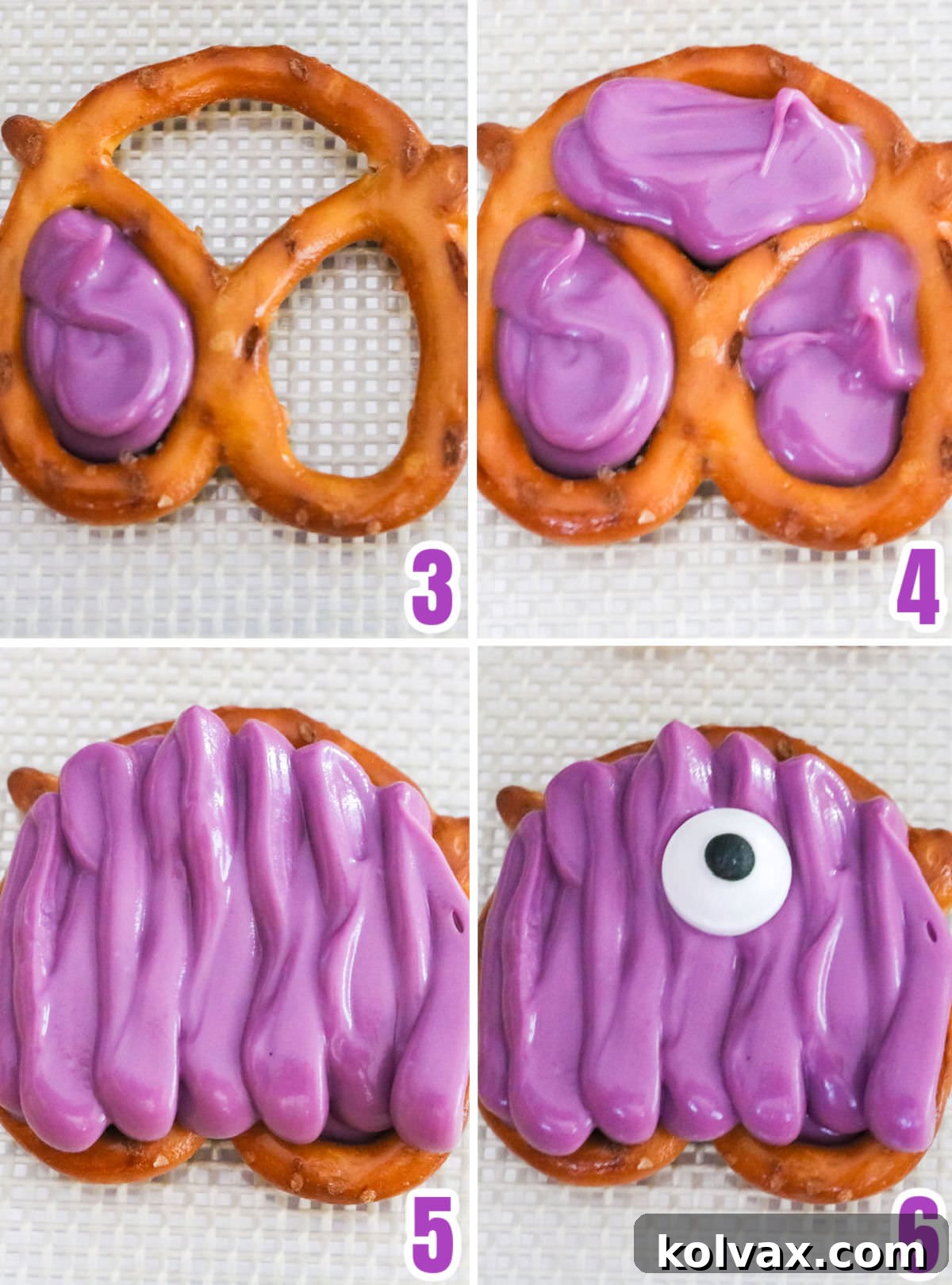 A collage demonstrating how to fill pretzel holes with melted candy, allow it to harden, then drizzle more candy to create monster 'fur,' and finally add googly eyes to form Monster Pretzel Bites.