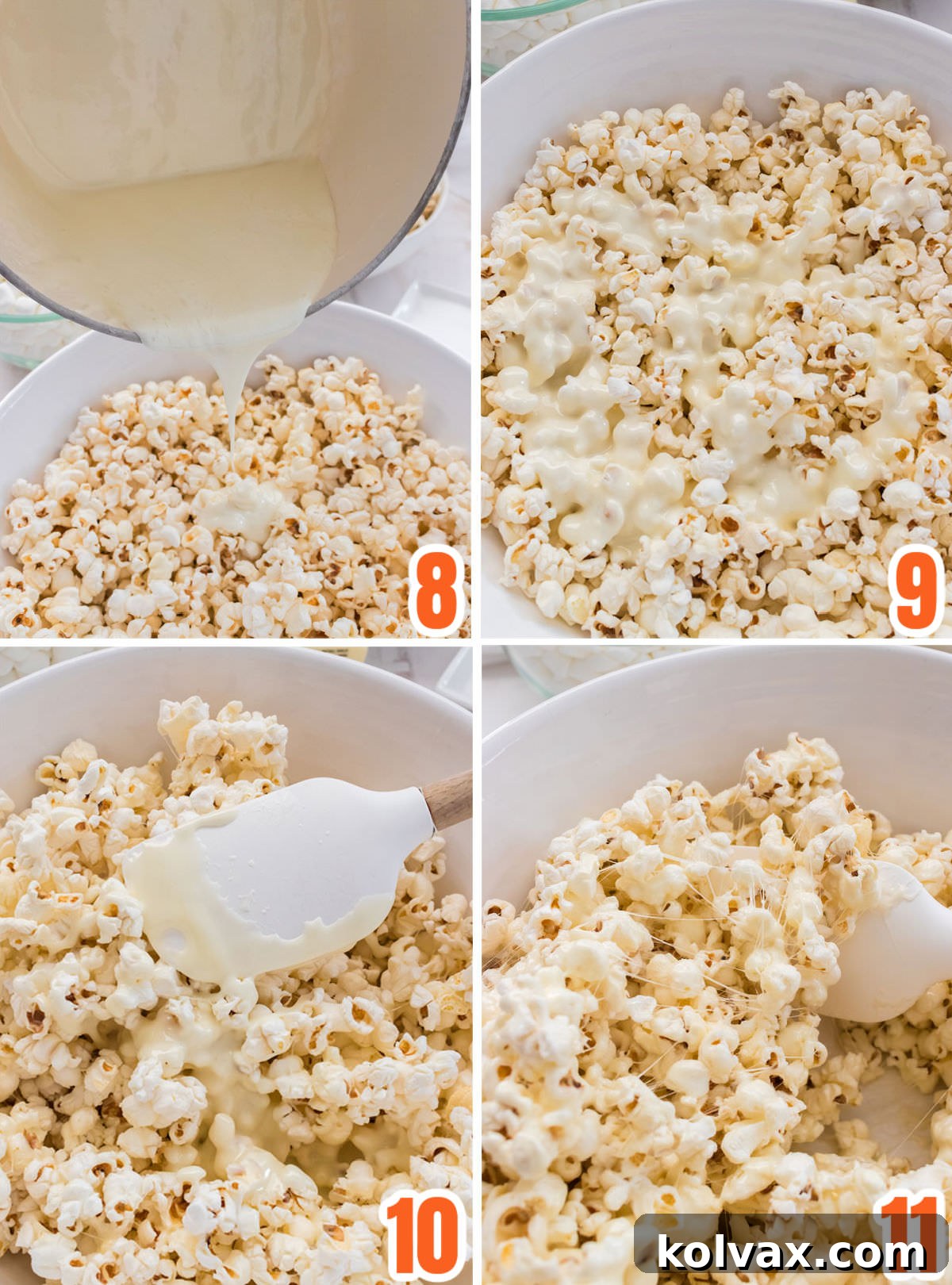 Collage image showing the steps for making the marshmallow popcorn.