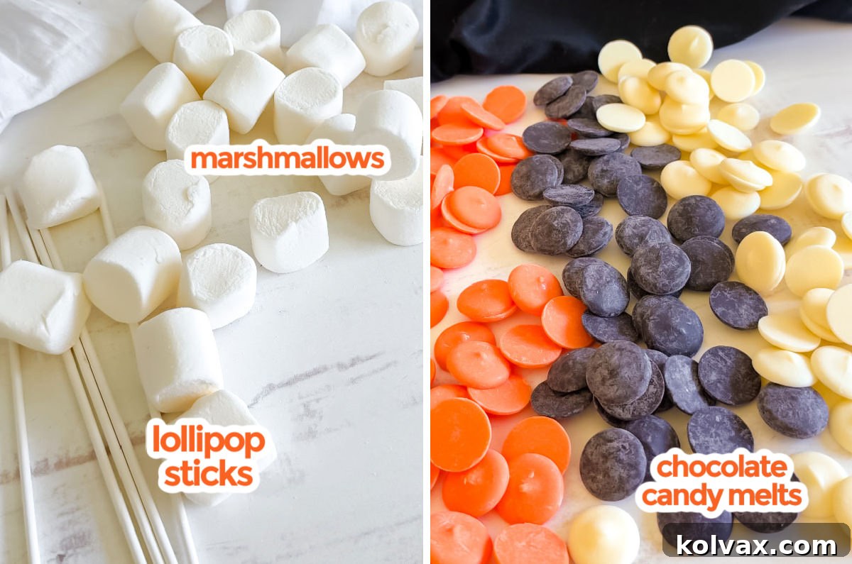 Wicked Marshmallow Wands 3 All the ingredients you will need to make Halloween Marshmallow Pops, including marshmallows, chocolate wafers, lollipop sticks, and various colored candy melts.