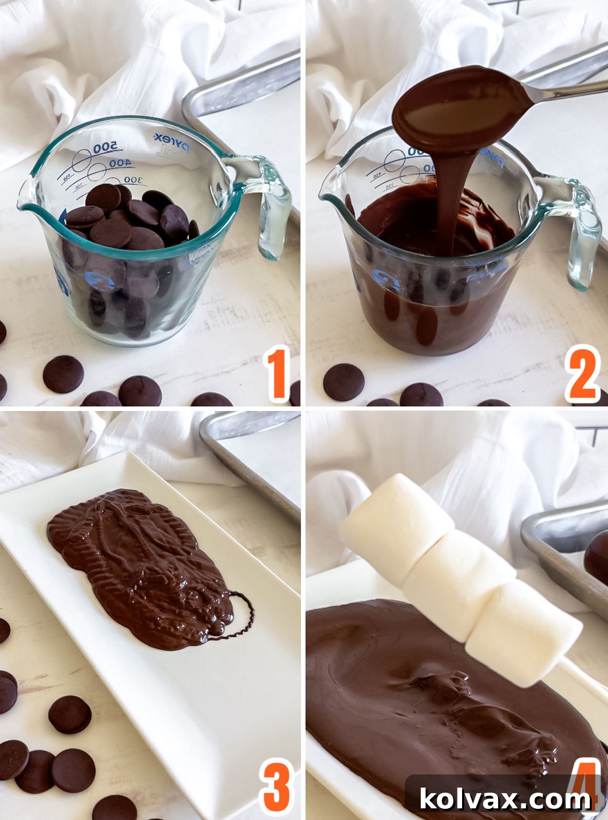 Wicked Marshmallow Wands 4 Collage image showing the steps you will need to prepare marshmallows on sticks and cover them with chocolate.