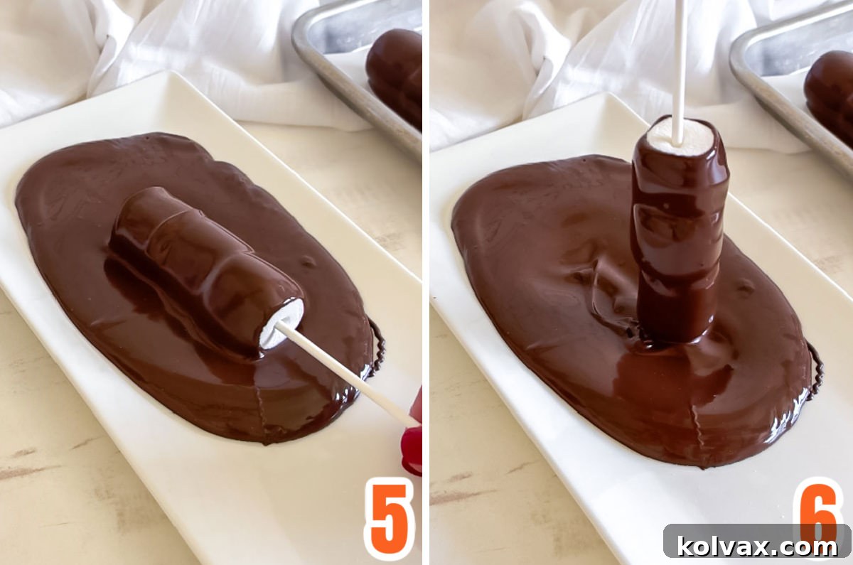 Wicked Marshmallow Wands 5 Collage image showing the steps to cover the marshmallow pops in Dark Chocolate, demonstrating rolling and tapping off excess.