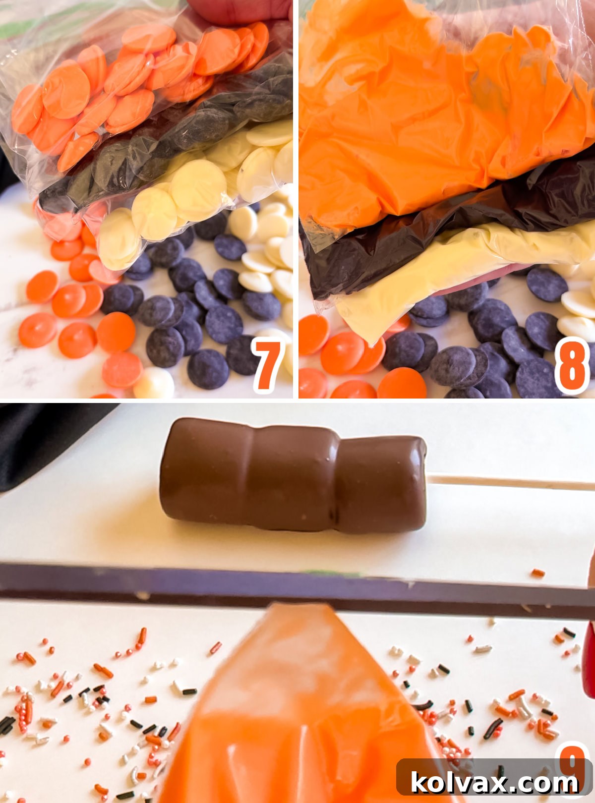Wicked Marshmallow Wands 6 Collage image showing the steps for decorating the marshmallow pop with Halloween colored drizzles, from melting candy melts to applying them.