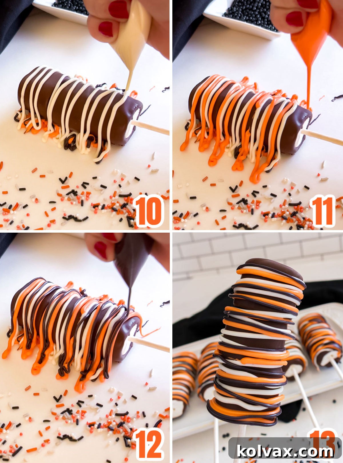 Wicked Marshmallow Wands 7 Collage image showing the steps for decorating the Halloween Marshmallow Pops with various colored drizzles, creating a festive pattern.
