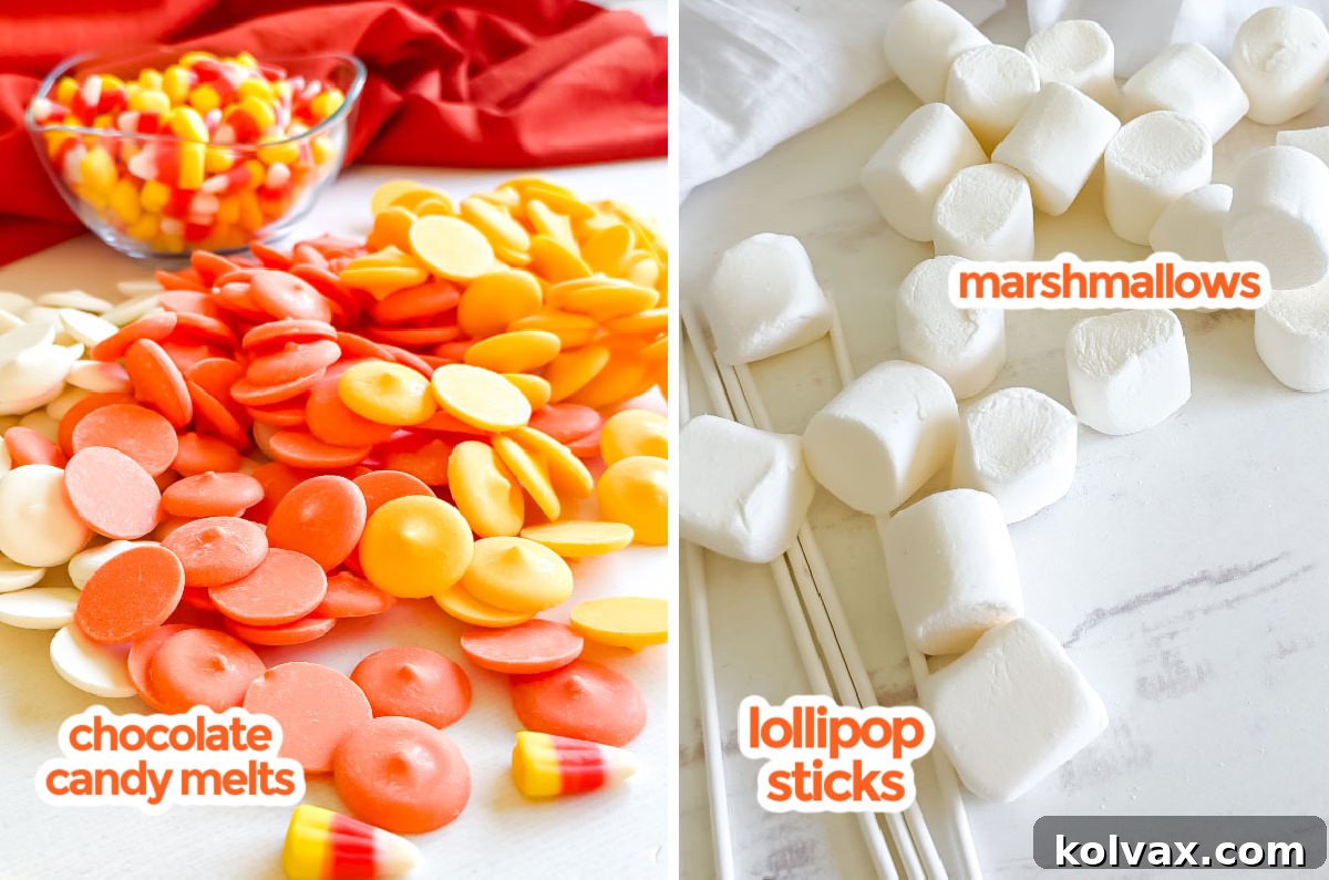 A clear flat lay image displaying all the essential ingredients needed to create delightful Candy Corn Marshmallow Pops. Featured items include bags of plump marshmallows, colorful candy melts in yellow, orange, and bright white, and a bundle of sturdy lollipop sticks, perfectly arranged for easy identification and preparation.