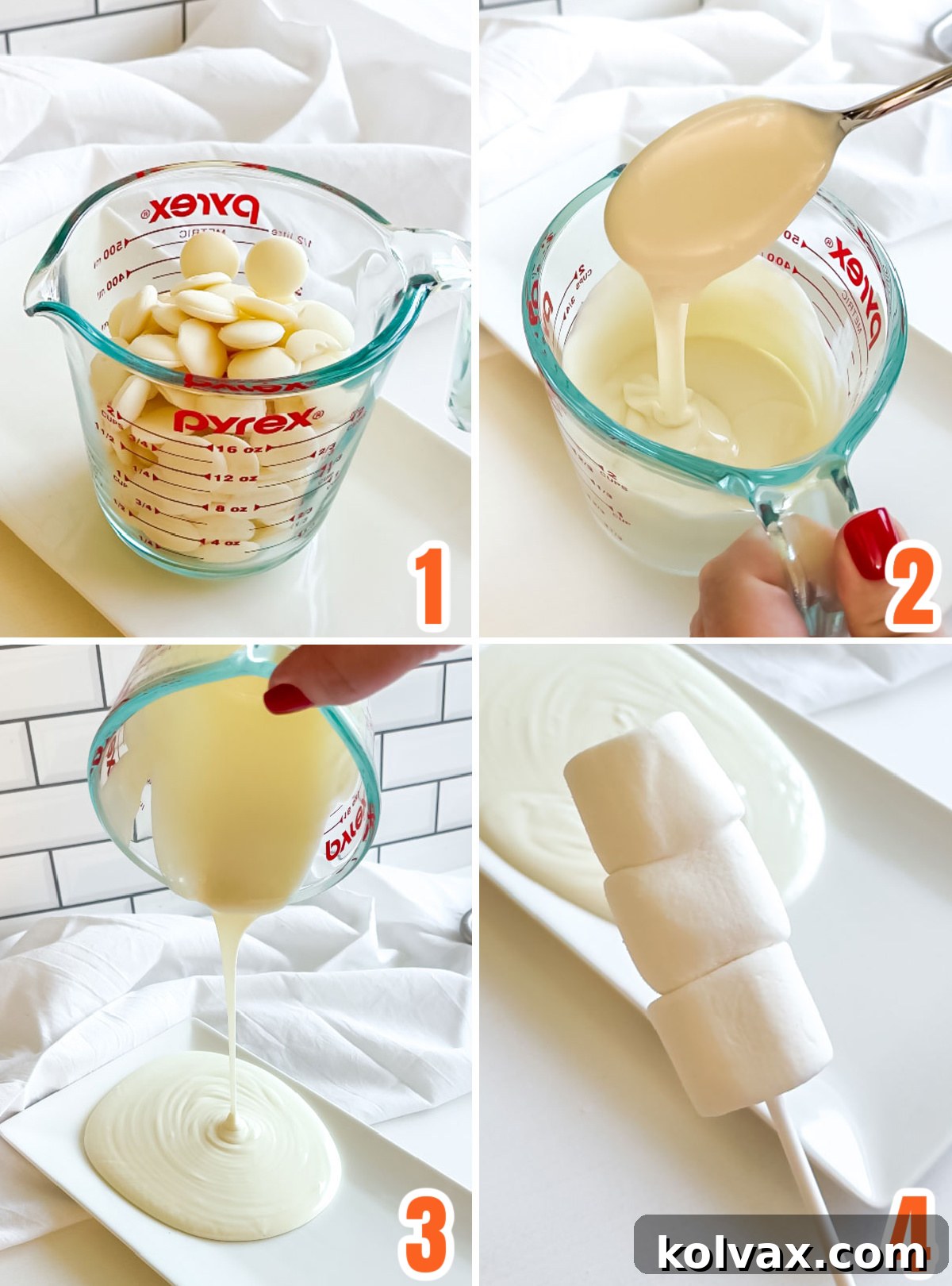 A four-panel collage showing the meticulous steps involved in preparing the white chocolate and assembling the marshmallows on lollipop sticks for Candy Corn Marshmallow Pops. The images depict melting white chocolate, pouring it onto a plate, and carefully threading three marshmallows onto a stick, highlighting precision for a perfect base.