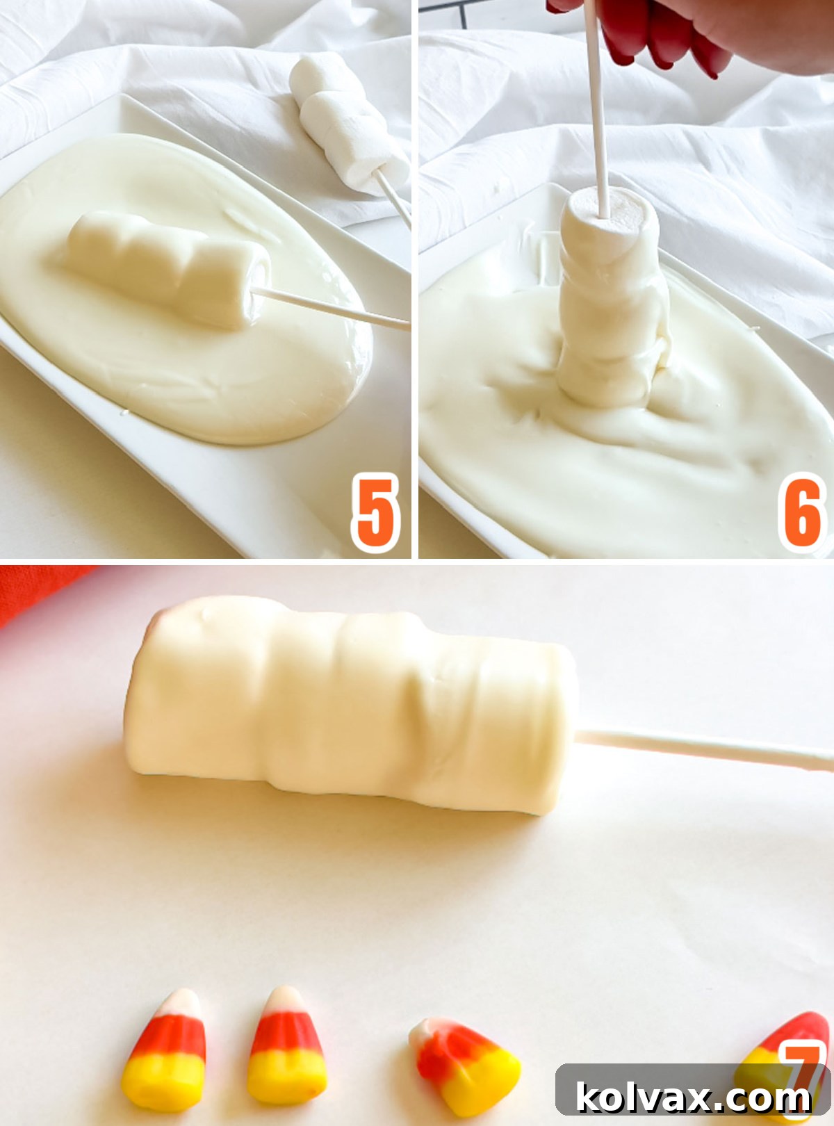 A collage showing three detailed steps for coating Candy Corn Marshmallow Pops in melted white chocolate. The images illustrate rolling the marshmallow stack in chocolate, ensuring full coverage, and gently tapping the stick to remove excess chocolate before placing the perfectly coated pop on parchment paper to dry.