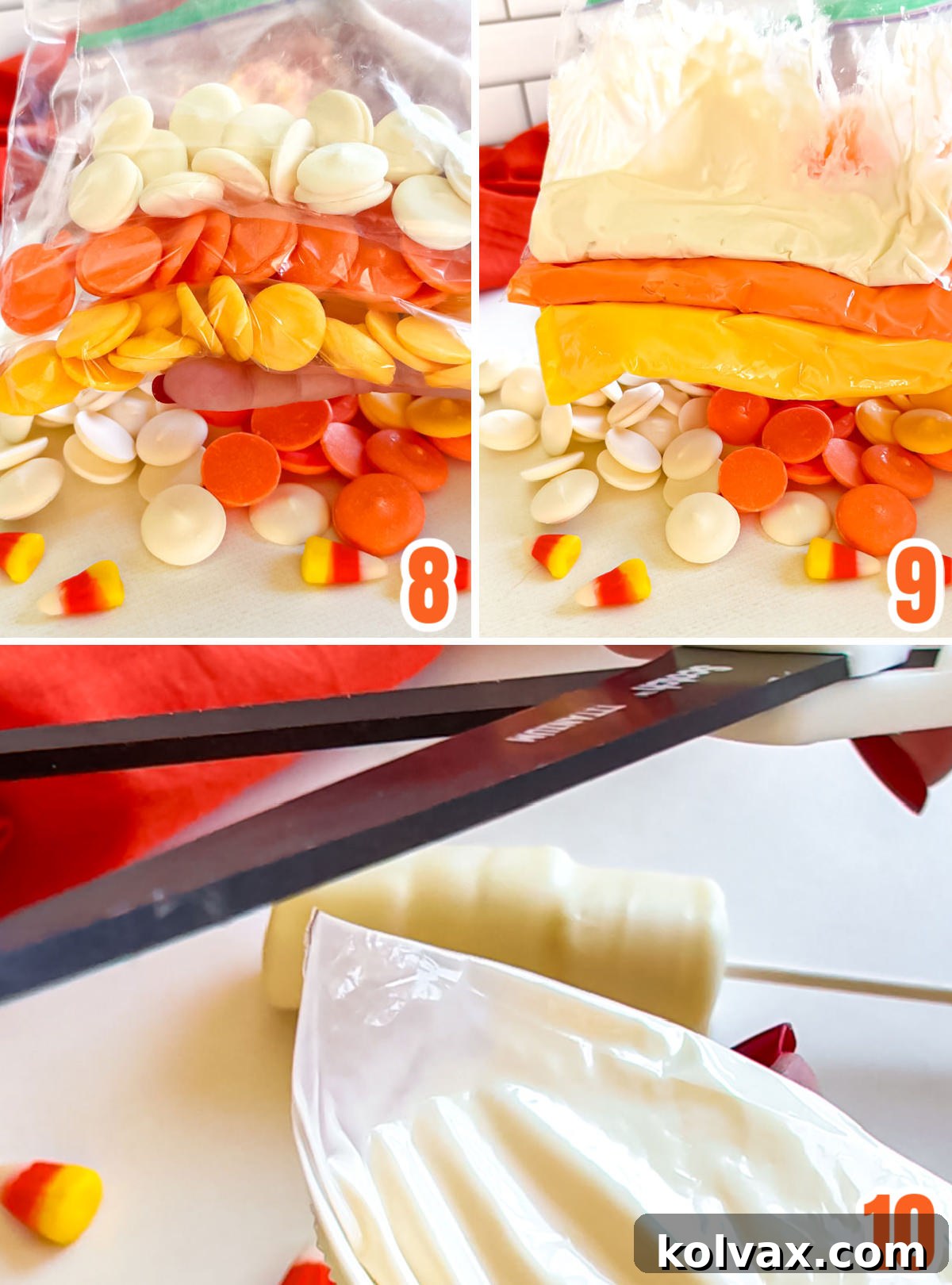 A detailed three-panel collage illustrating the preparation of colored candy melts for decorating Candy Corn Marshmallow Pops. The images show individual Ziploc bags filled with yellow, orange, and white candy melts being massaged after microwaving, followed by a close-up of a bag with its tip snipped, ready for drizzling, demonstrating precise melt preparation.