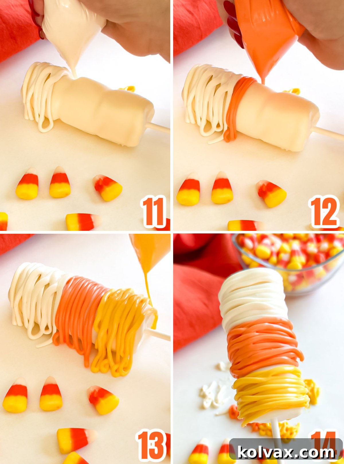 A captivating four-panel collage demonstrating the final decorative steps for Candy Corn Marshmallow Pops. The images showcase drizzling white, then orange, and finally yellow candy melts in distinct zigzag patterns across the top, middle, and bottom thirds of the marshmallow pops, culminating in the completed, vibrant candy corn design, ready for hardening.