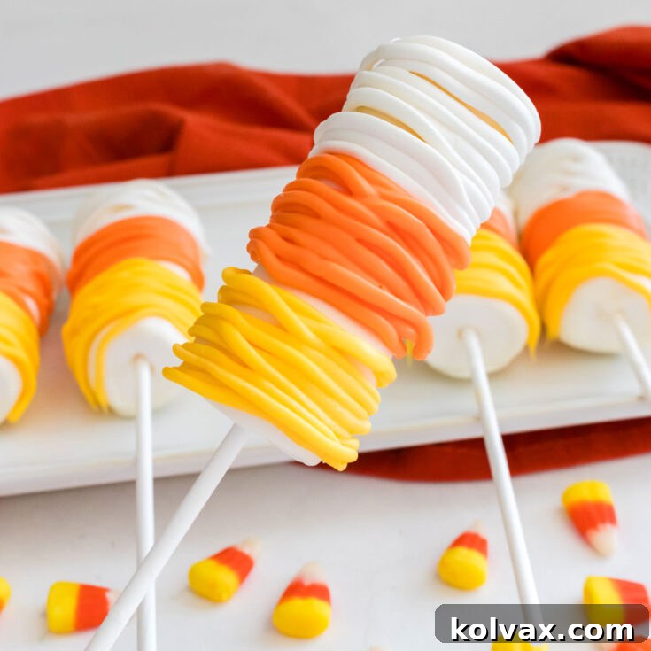 Closeup on a Candy Corn Marshmallow Pop being raised from a dessert platter filled with more marshmallow pops, showcasing its perfect colors.