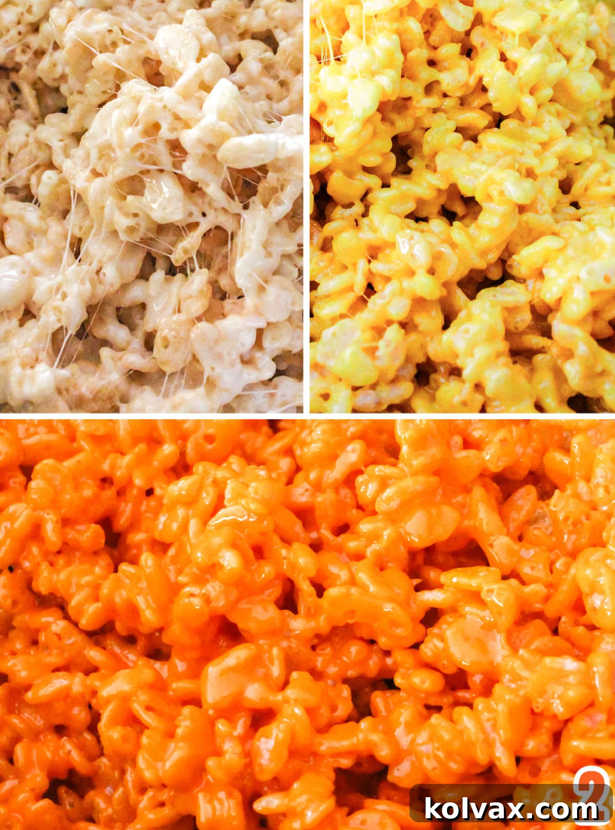 Candy Corn Crunch Bars 4 Collage image showing how to tint the Rice Krispie Treat mixture orange, yellow and white.