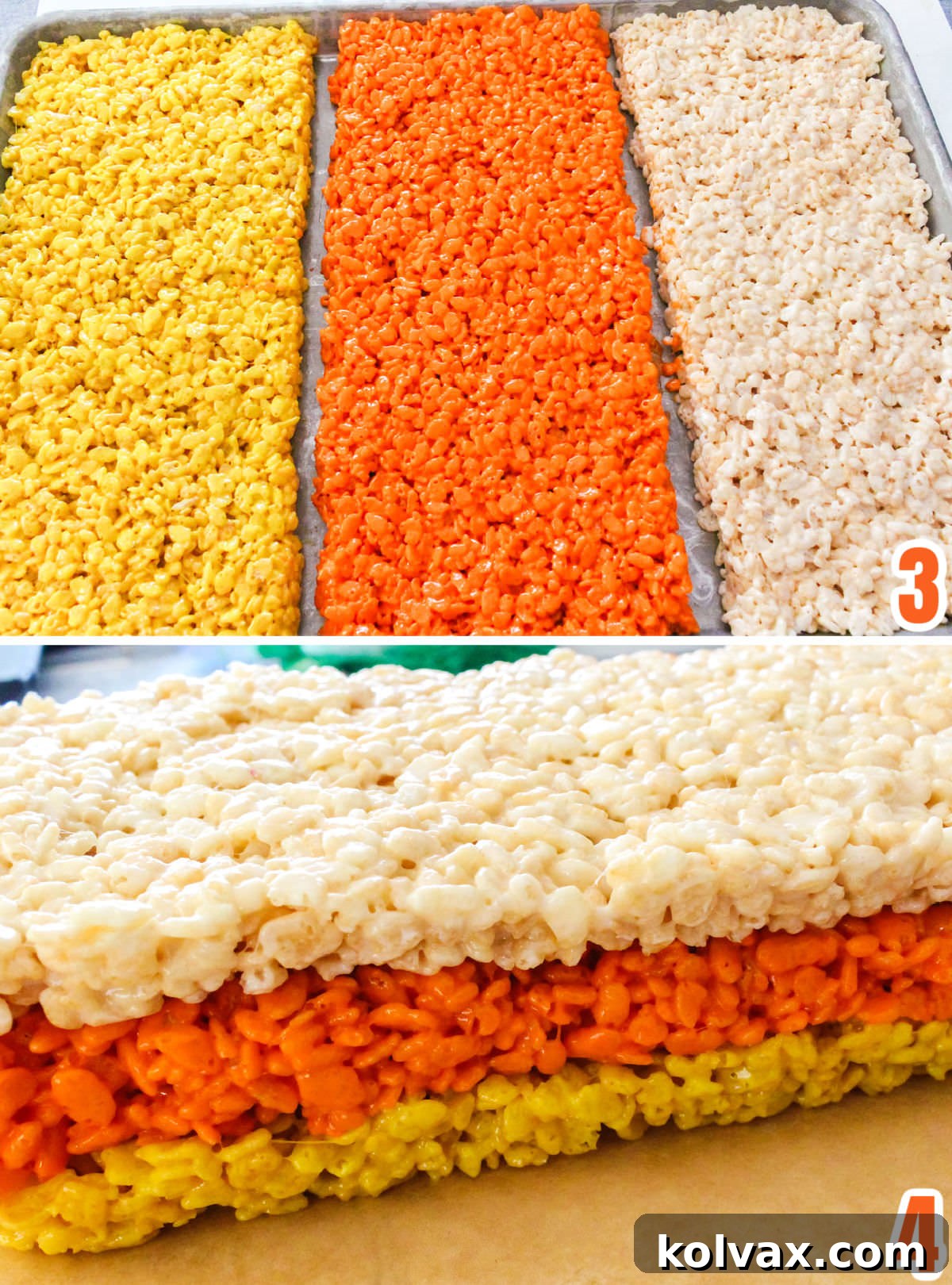 Candy Corn Crunch Bars 5 Collage image showing the steps for turning the Rice Krispie Treat layers into Candy Corn.