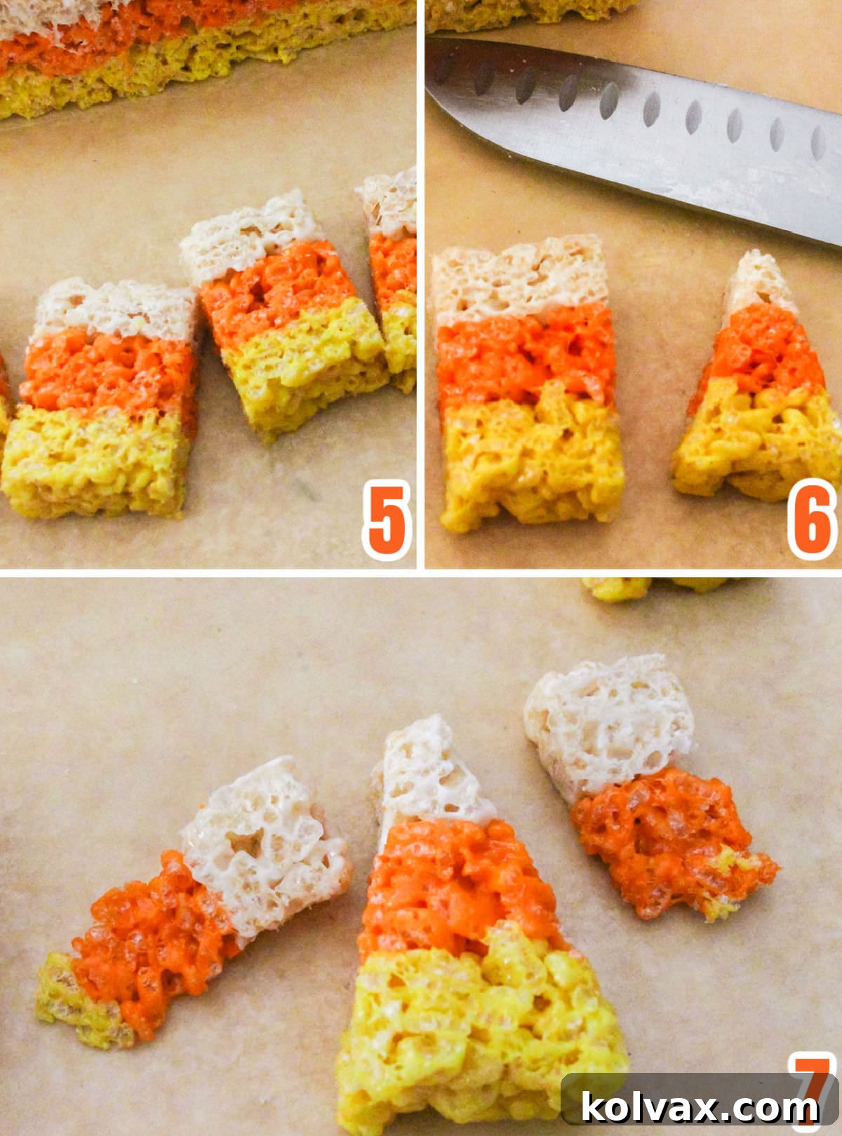 Candy Corn Crunch Bars 6 Collage image showing how to cut the Rice Krispie Treat layers into Candy Corn shapes.