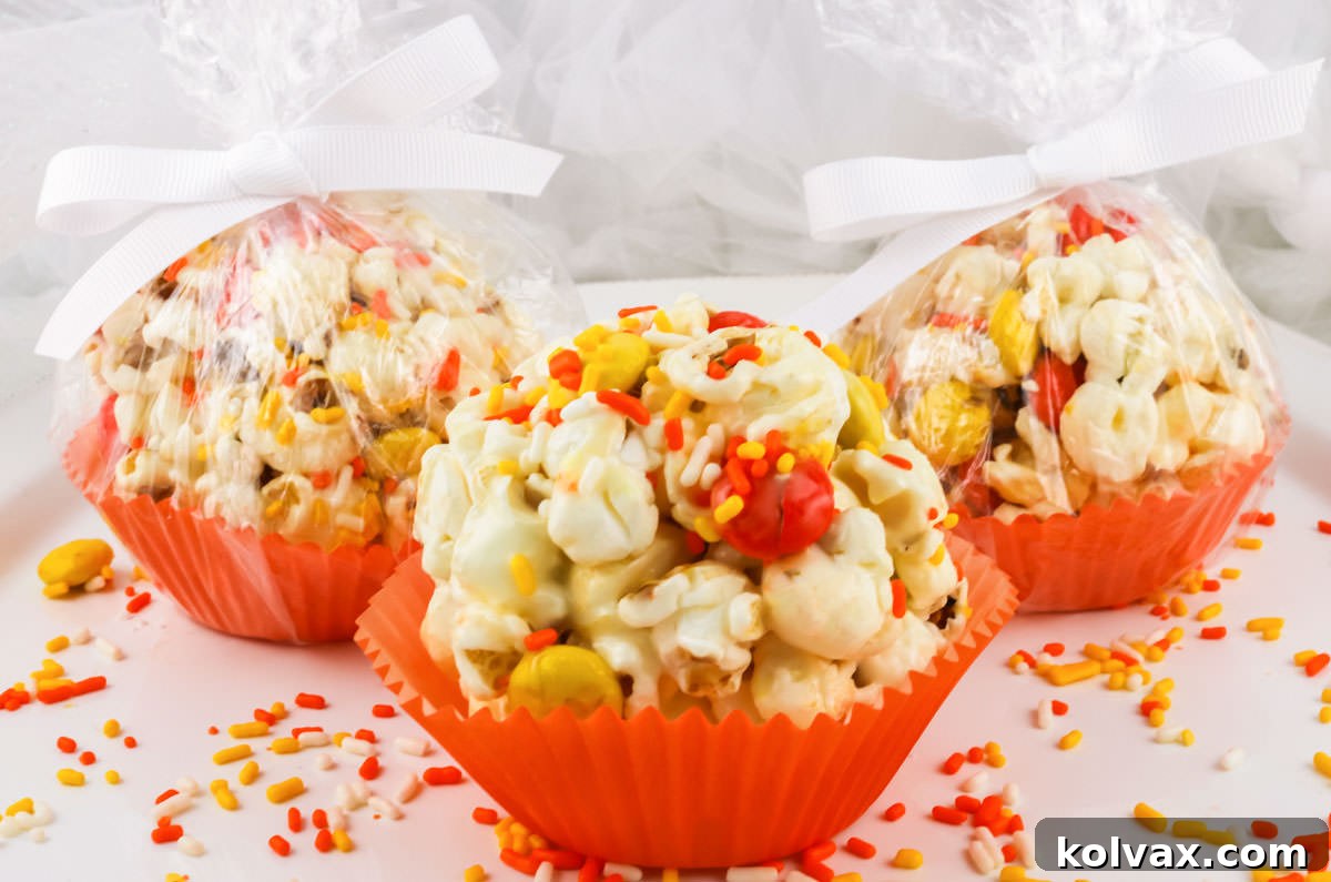 Three Halloween Popcorn Balls sitting on a white table surrounded by festive Halloween sprinkles.