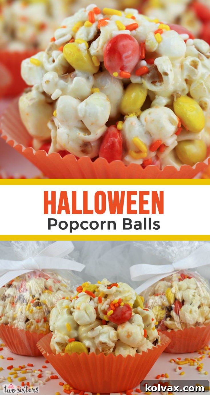 Halloween Popcorn Balls, a sweet and salty treat with marshmallows, M&M's, and sprinkles.