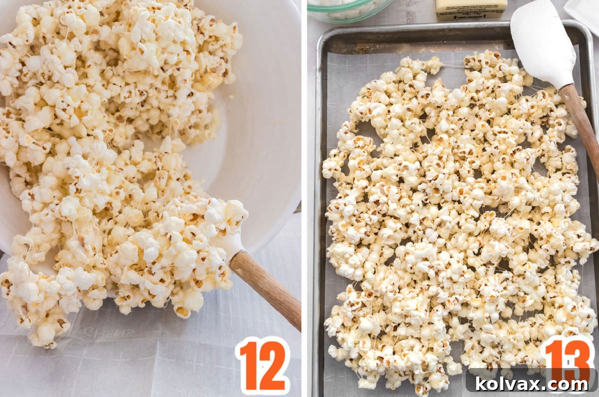Collage image demonstrating how to pour the marshmallow-coated popcorn out onto a cookie sheet lined with parchment paper.
