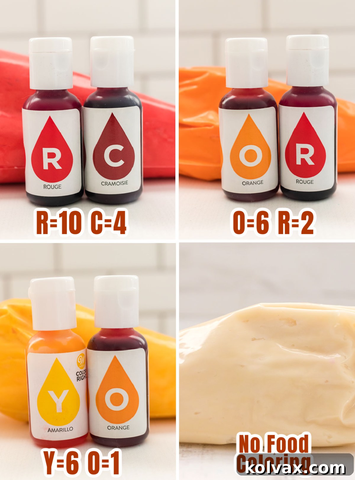 A collage displaying the exact food color formulas for creating vibrant red, orange, gold, and white buttercream frosting, each in separate bowls.