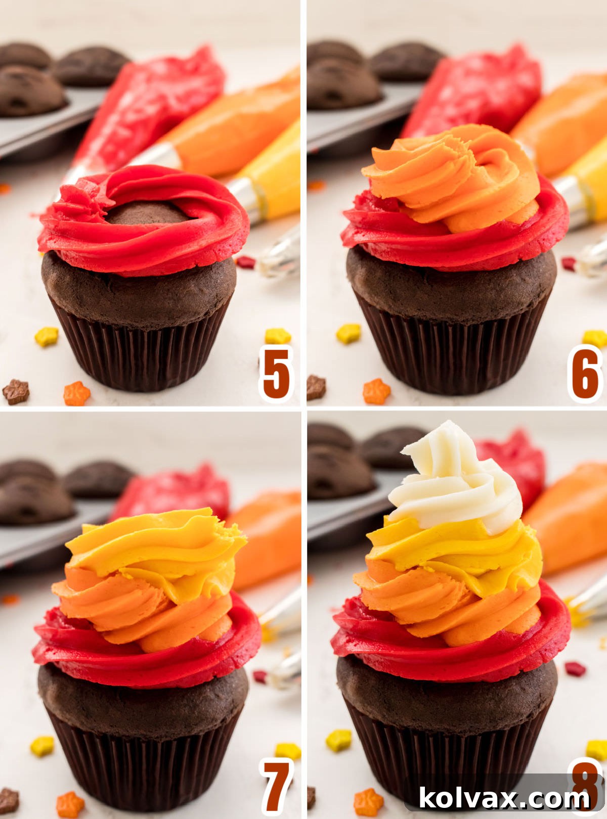 A detailed collage image illustrating the step-by-step process of creating the four-color buttercream swirl on a cupcake, from the base red layer to the final white peak.