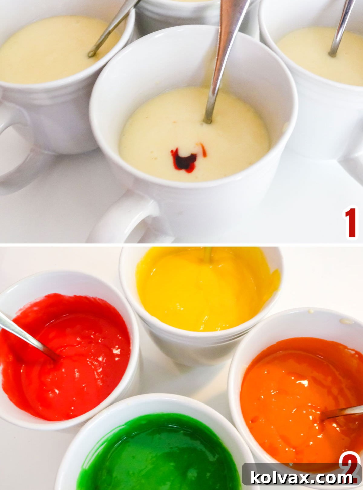 Collage image showing how to color the cake batter red, orange, yellow and green for Harvest Marble Cupcakes.