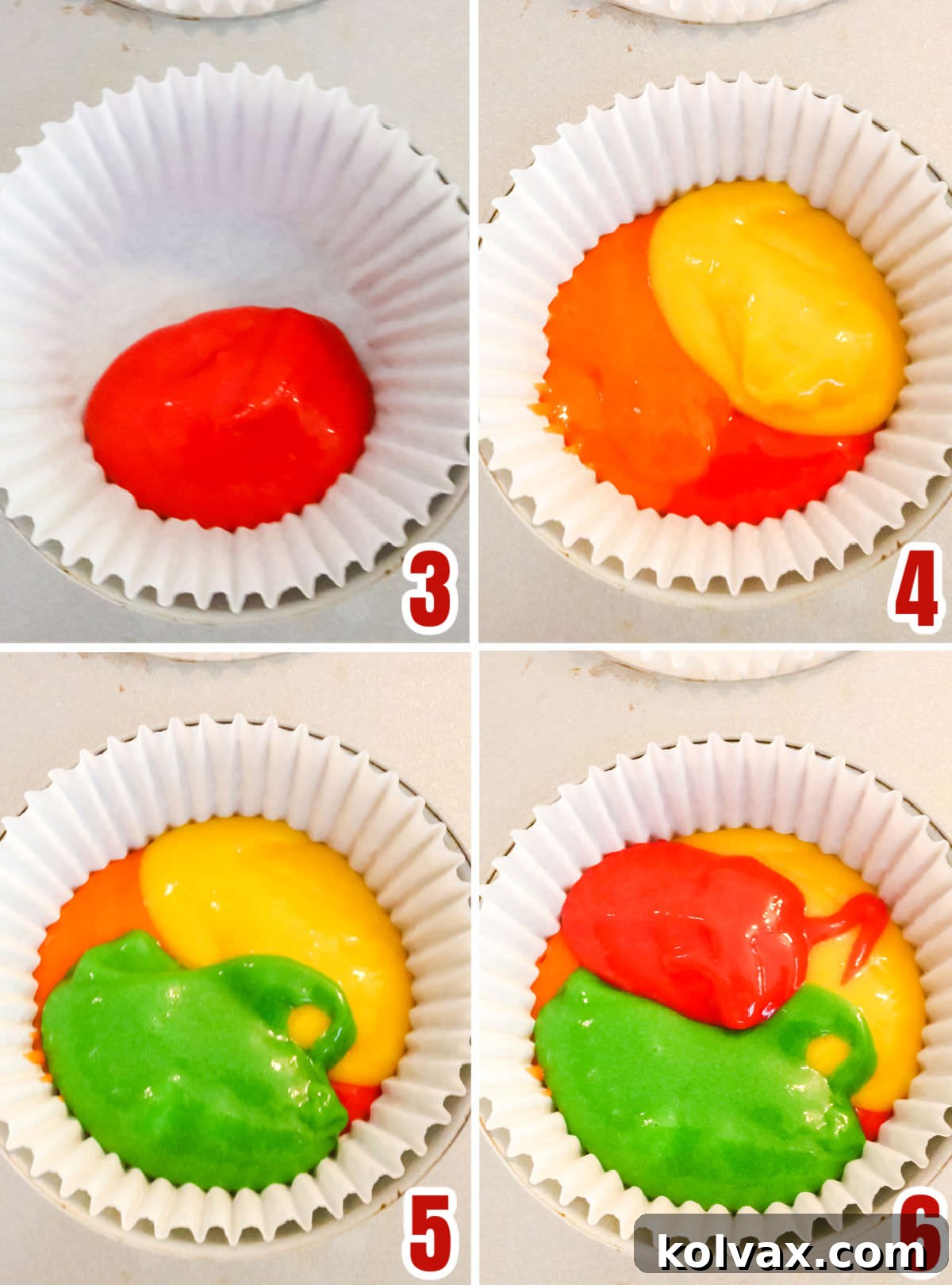 Collage image showing how to create the marbling effect for the Harvest Marble Cupcakes.