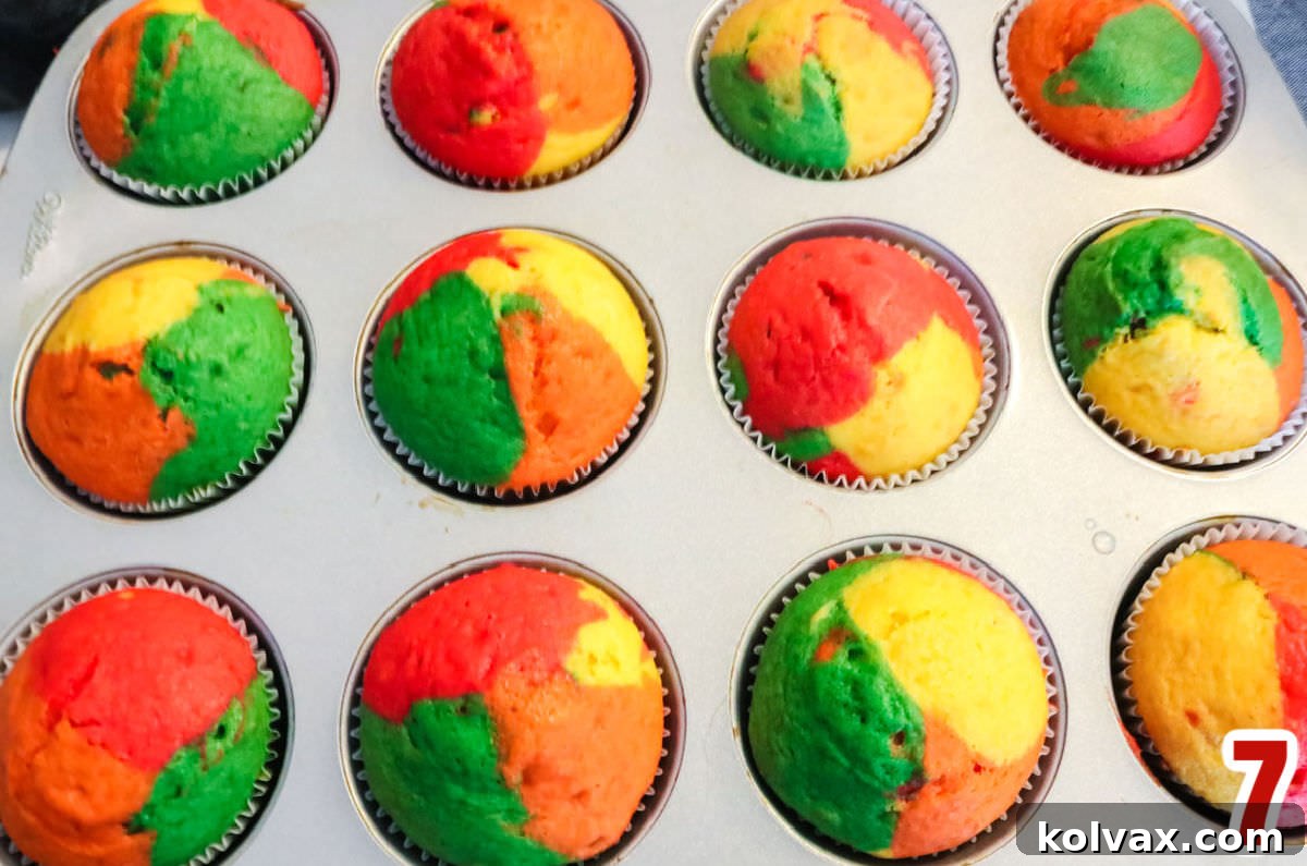 Overhead shot of a cupcake pan filled with unfrosted Harvest Marble Cupcakes, showcasing the vibrant colors before baking.