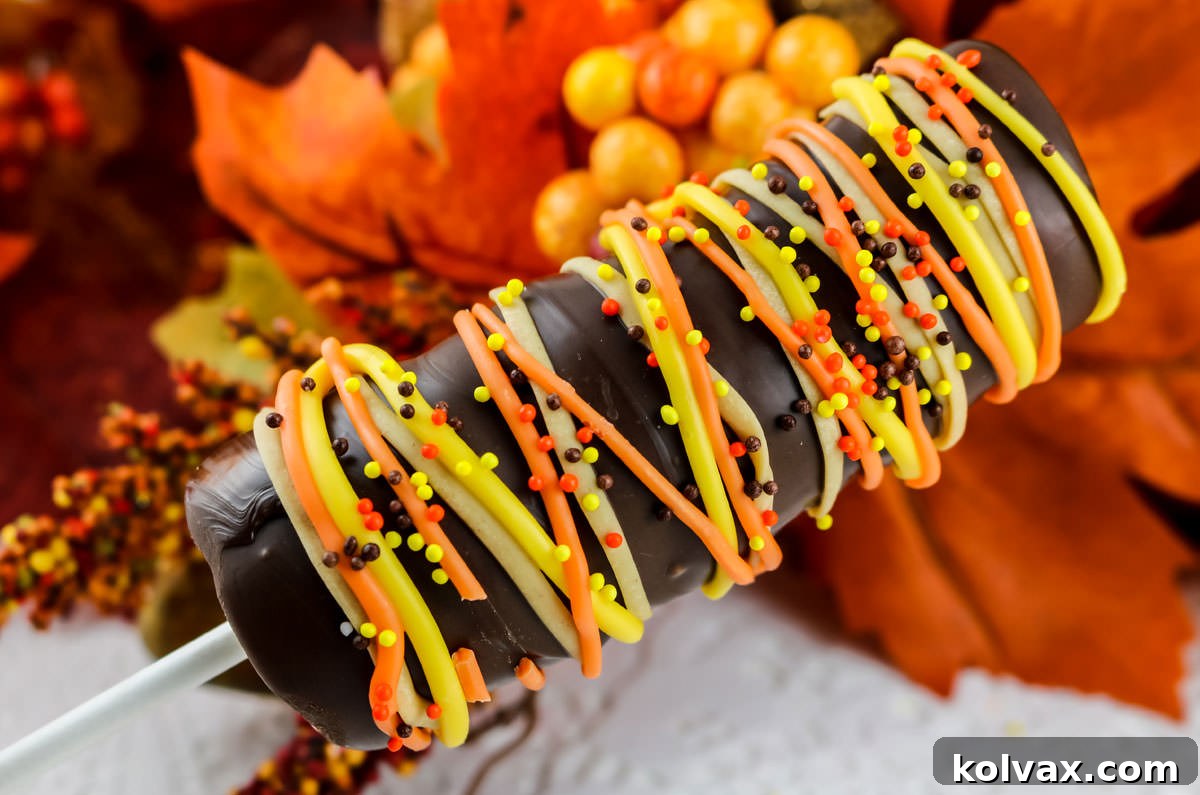 Closeup on a Harvest Marshmallow Pop being held vertically in front of Fall decorations, showcasing its vibrant autumn colors and smooth chocolate coating.