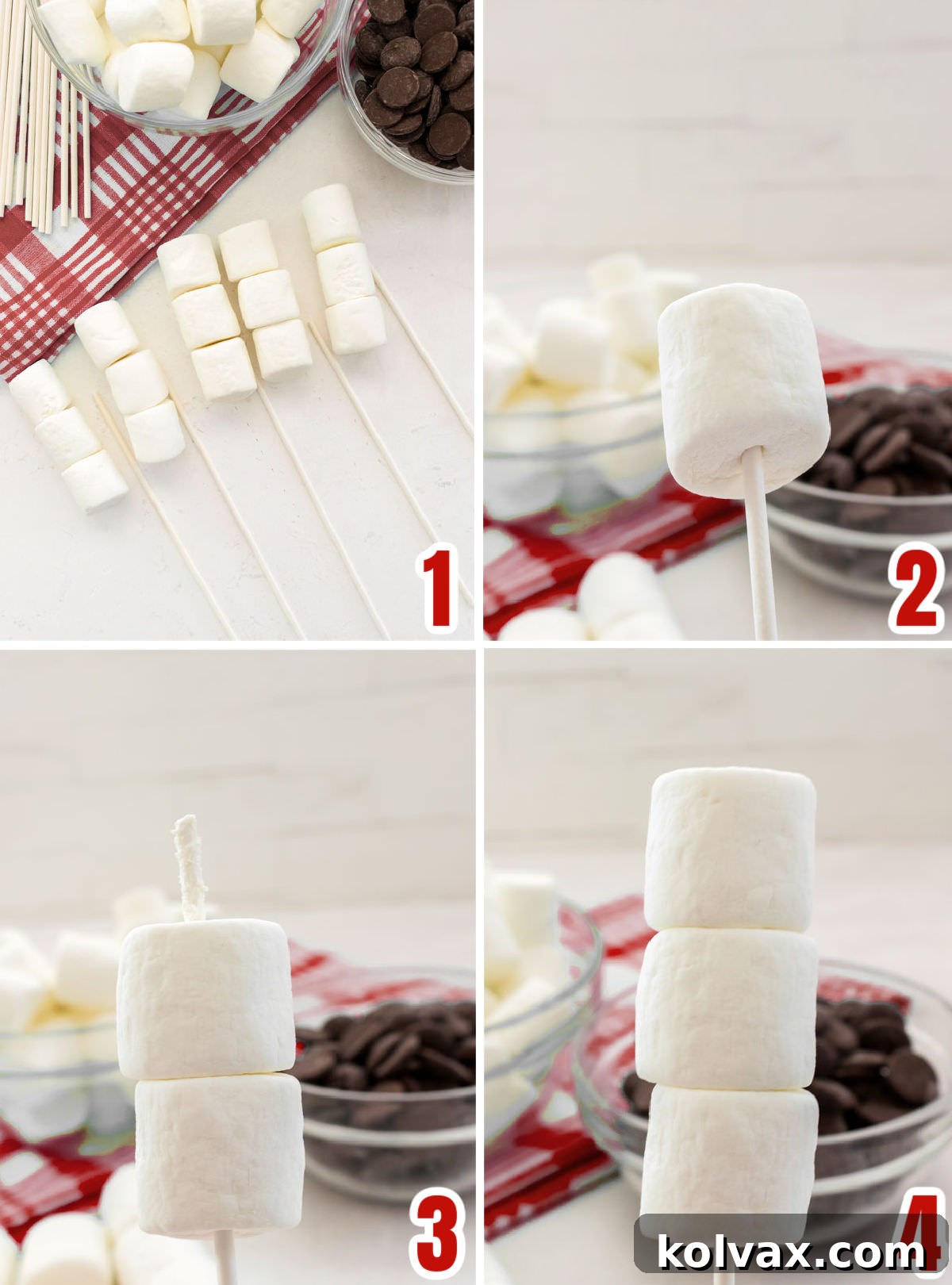 Collage image showing the steps for placing three marshmallows onto a lollipop stick, demonstrating proper alignment.