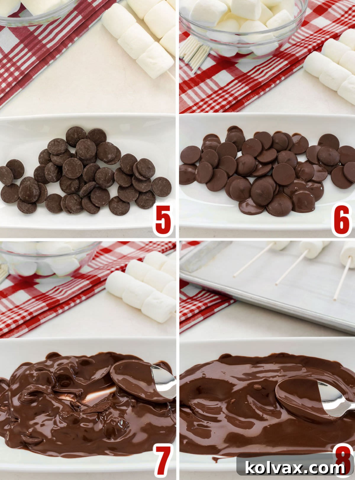 Collage image showing the steps for melting chocolate wafers in a microwave-safe bowl, depicting the stirring process.