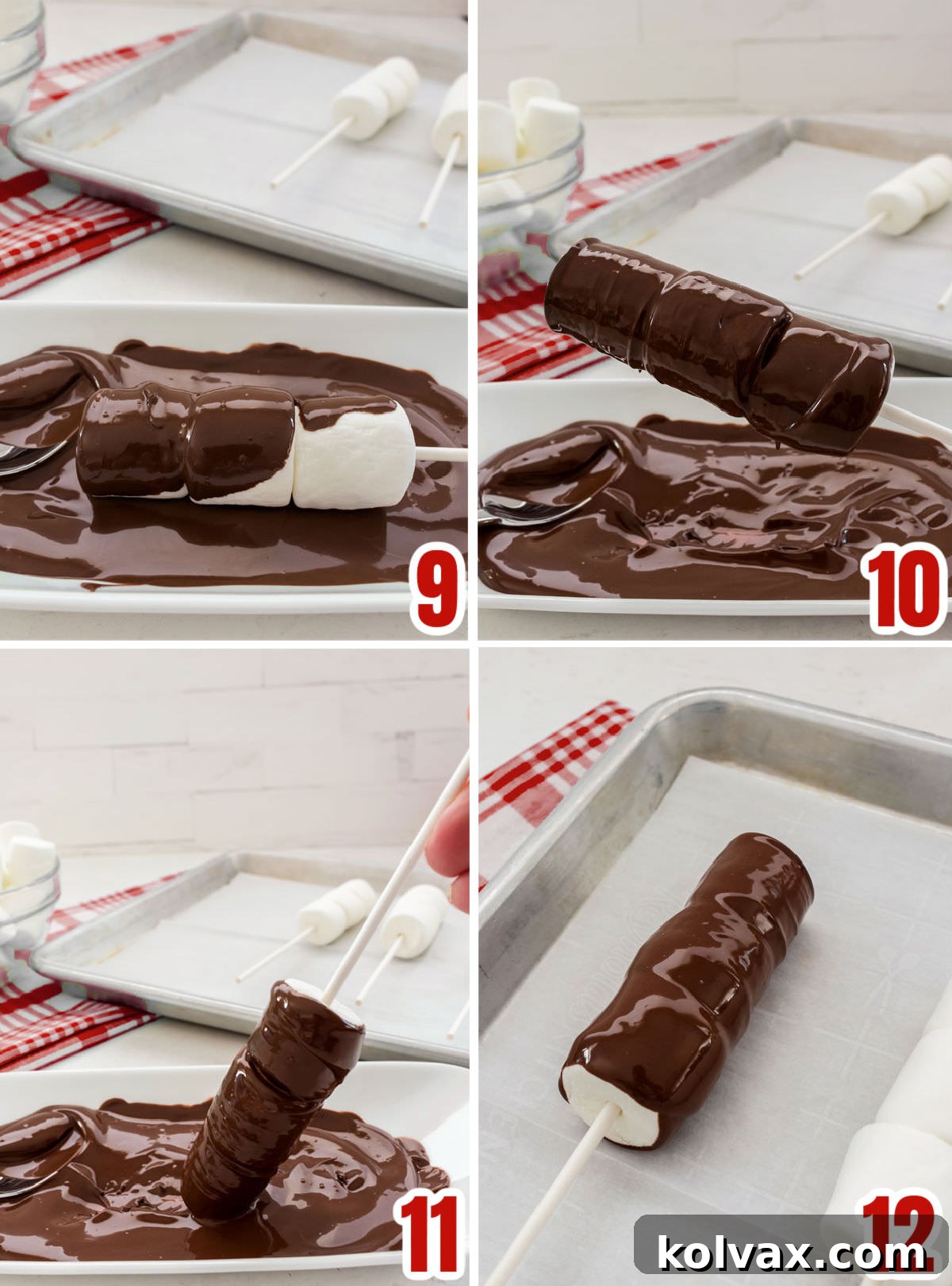Collage image showing the steps for dipping and coating a marshmallow pop in melted chocolate, ensuring full coverage.