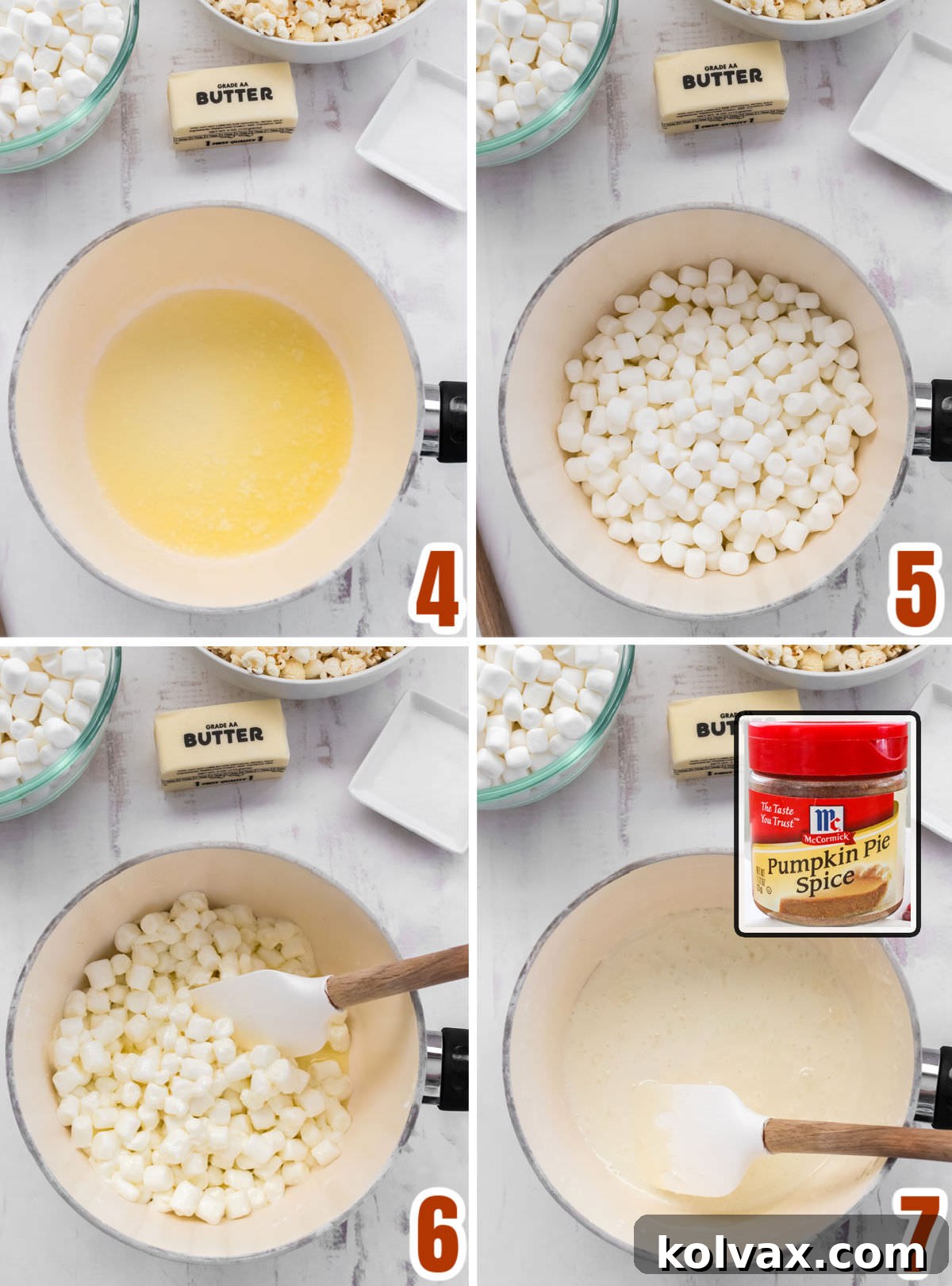 Collage image showing the steps for making the Marshmallow mixture, including melting butter and marshmallows.