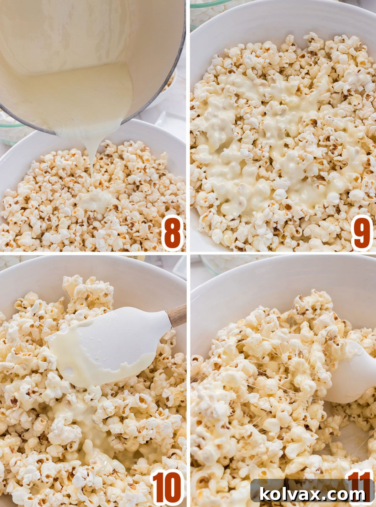 Collage image showing the steps for mixing the popcorn and the marshmallow mixture, ensuring even coating.