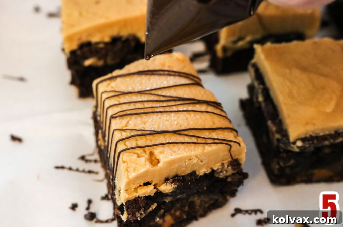 Decadent Peanut Butter Brownie Bars 7 Peanut Butter Brownie Bars on a white surface, artfully drizzled with melted semi-sweet chocolate, adding a touch of elegance and extra chocolatey goodness in delicate lines.