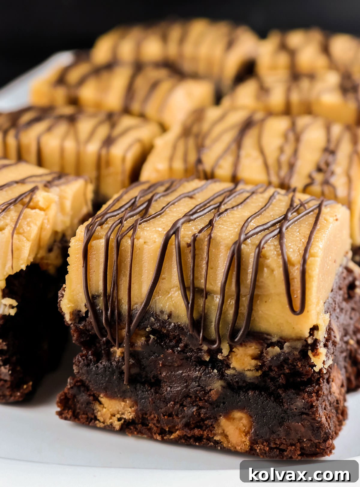Decadent Peanut Butter Brownie Bars 8 Closeup on a pristine white serving platter filled with a bountiful batch of beautifully sliced Peanut Butter Brownie Bars, each piece perfectly formed and ready to be enjoyed by guests.