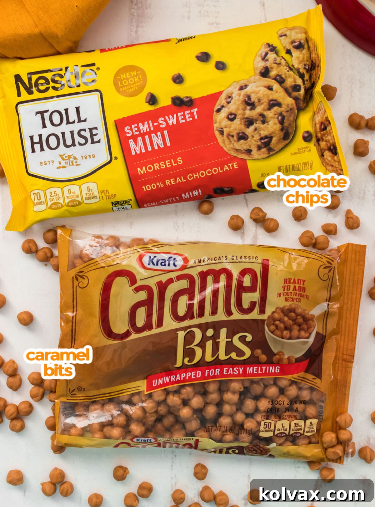 Ingredients you will need to make Caramel Chocolate Chip Cookies including Mini Chocolate Chips and Kraft Caramel Bits.