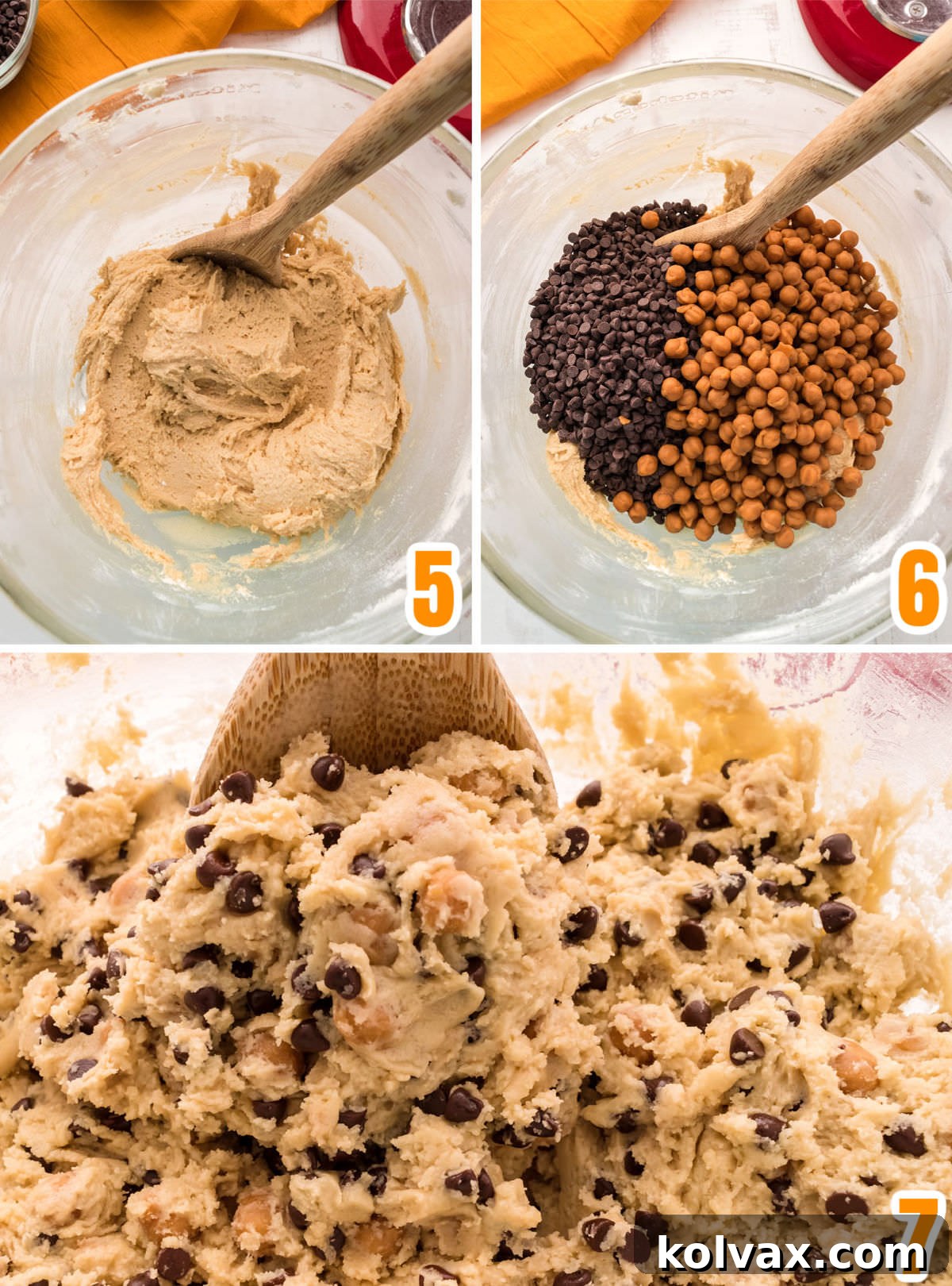 Collage image showing how to add the chocolate chips and the caramel pieces into the cookie dough.