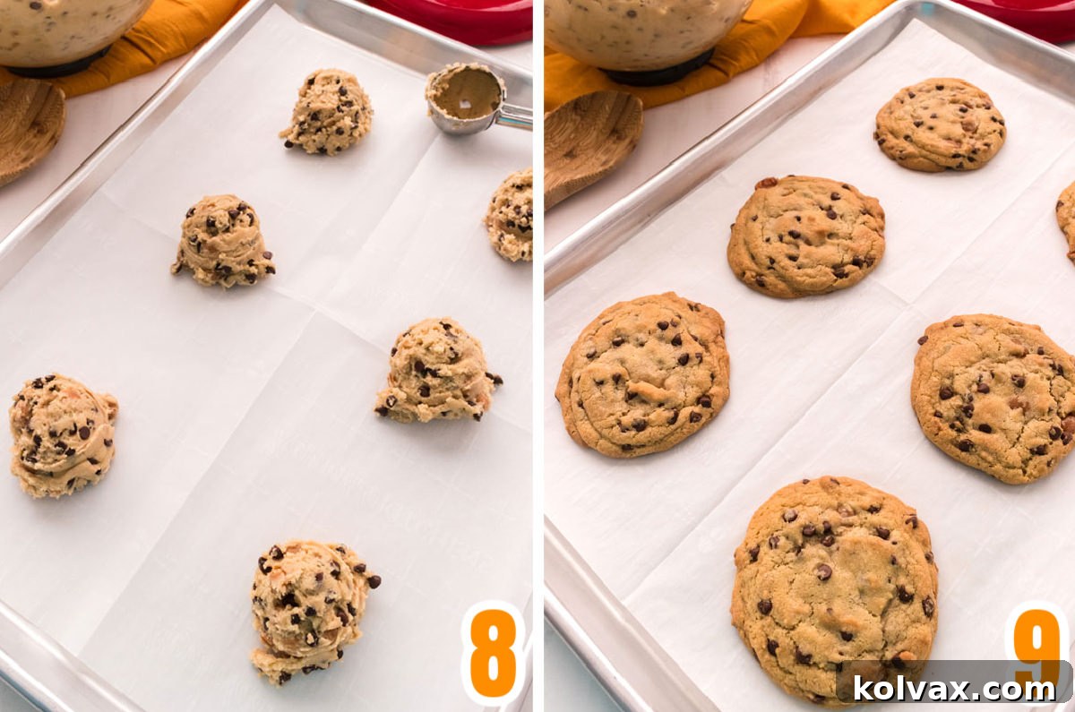 Collage image showing the cookies before going in the oven and after they come out of the oven.