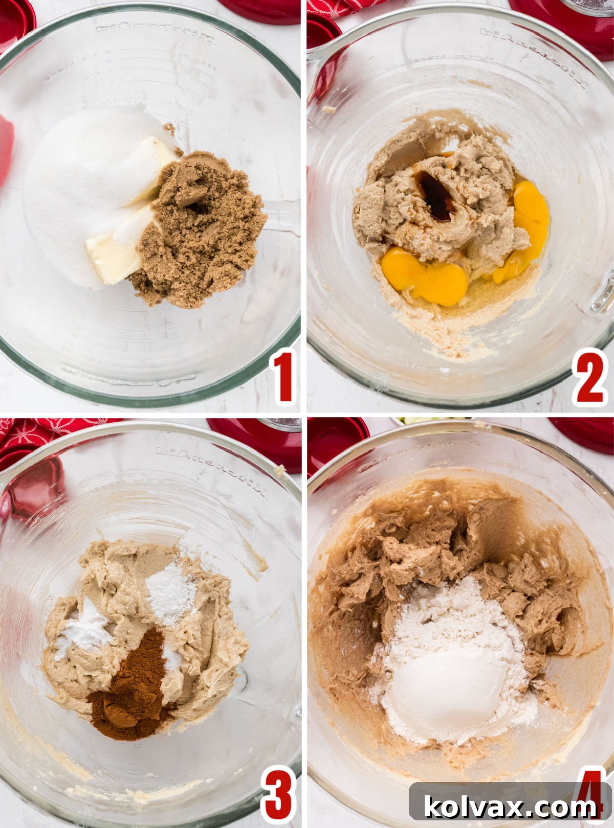 Collage image demonstrating the initial steps to make the fluffy apple cookie dough: creaming butter and sugar, adding eggs and vanilla, and incorporating dry ingredients.