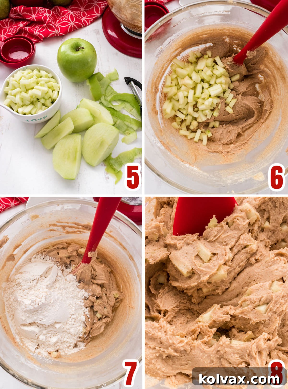 Collage image demonstrating how to fold in the diced apples and the remaining dry ingredients into the apple cookie dough.