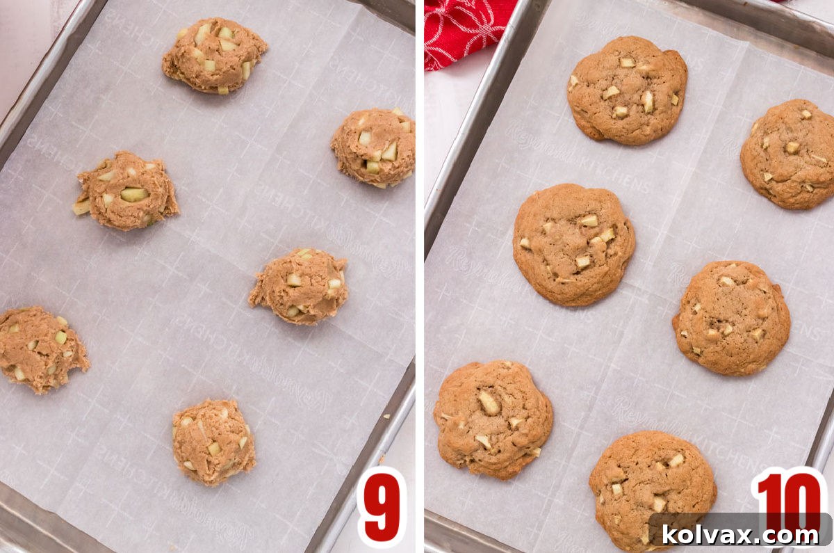 Collage image displaying apple cookie dough scooped onto a baking sheet before baking and the finished golden brown cookies after being removed from the oven.